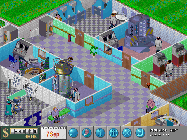 The mouse cursor here appears to be the question mark from Theme Park. In that game this mode would give the player information on objects in the game when clicked on,a feature not present in Theme Hospital.