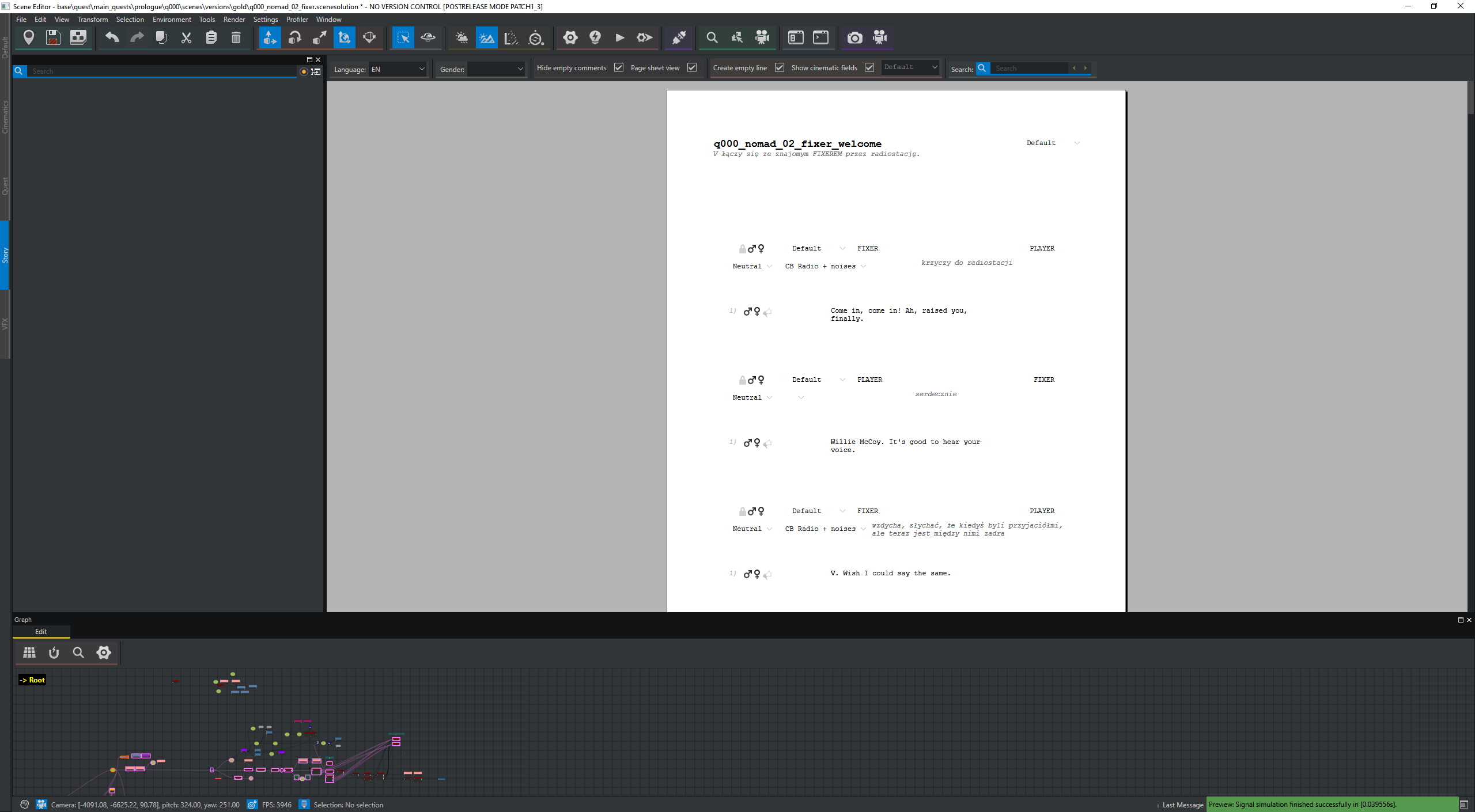 Default view of the story tab in the editor. Shows the screenplay generated from the nodes in the quest graph. Default view of the story tab in the editor. Shows the screenplay generated from the nodes in the quest graph.