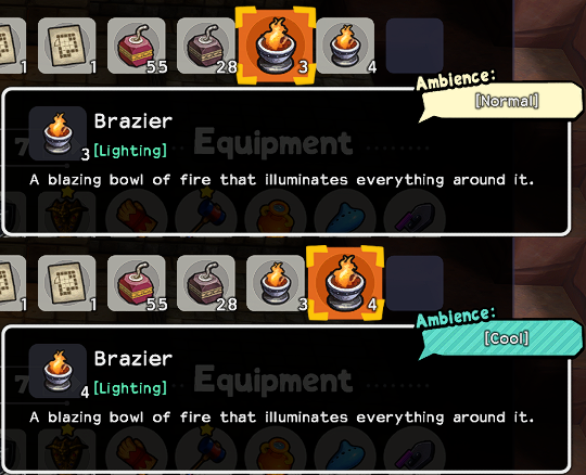 The 2 brazier descriptions. The normal brazier has a 'cool' ambience modifier. The prologue brazier has a 'normal' ambience modifier.