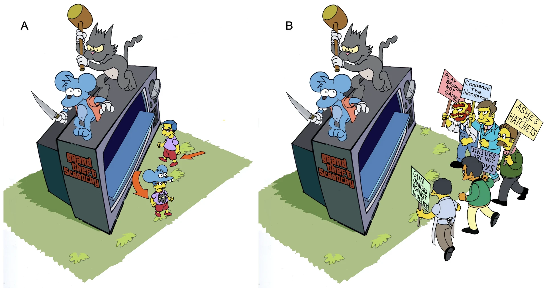 "There are "GTS" merch booths all over Springfield. During this early game level, Marge uses her mob control powers to convert the kiosks into "Luv Huts."" "There are "GTS" merch booths all over Springfield. During this early game level, Marge uses her mob control powers to convert the kiosks into "Luv Huts.""