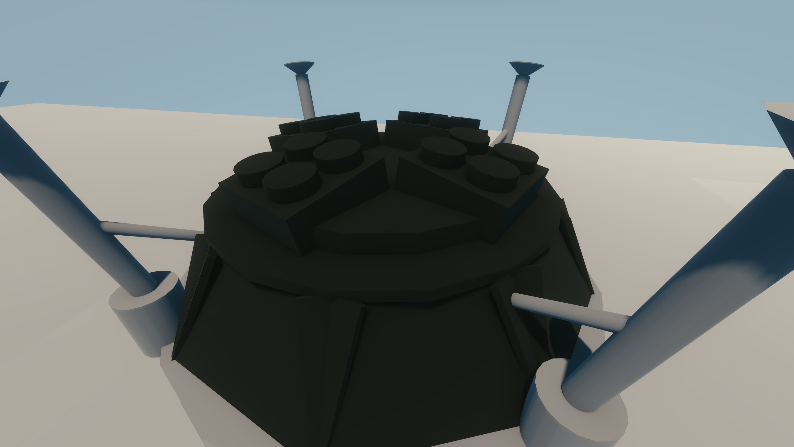 The boosters of the lunar lander, normally hidden from view. The boosters of the lunar lander, normally hidden from view.