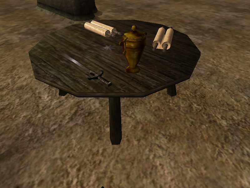 This table is across from the other one. It has a Steel Longsword, Bittercup, a couple of magic scrolls, and Azura's star with a soul already inside it. This table is across from the other one. It has a Steel Longsword, Bittercup, a couple of magic scrolls, and Azura's star with a soul already inside it.