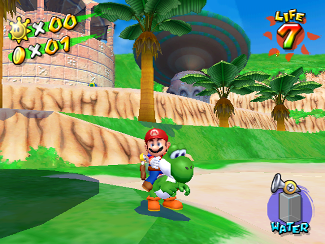 Yoshi is green and still doesn't have a "JUICE" meter, however F.L.U.D.D's water tank is completely empty. Based on the previous two screenshots, we can safely determine that strangely upon riding Yoshi, F.L.U.D.D's water tank would completely empty. There's pillars on the Sand Bird tower. Under the mirror we can see multiple rings of the edge mirror texture (possibly an early bug).
