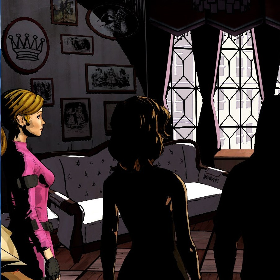 In-game image of Cinderella with two unknown characters in the White Queen's apartment.
