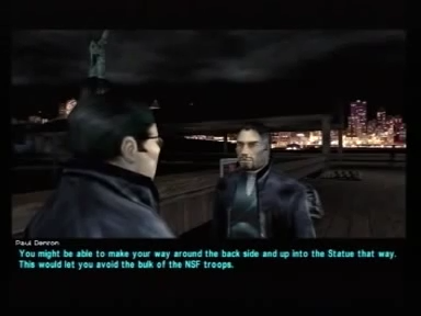 00:19 Different text: "You might be able to make your way around the back side and up into the Statue that way. This would let you avoid the bulk of the NSF troops.".