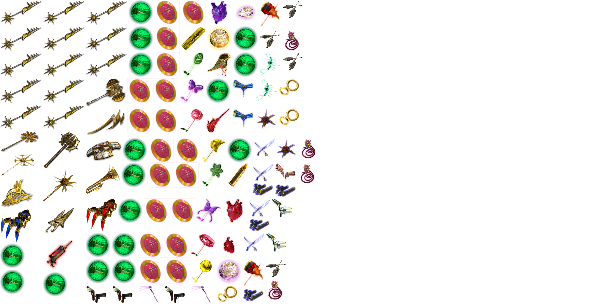 A group of HUD icons of the various items found in the game-- of note are early designs for Takemikazuchi and Undine, as well as a completely unused weapon.