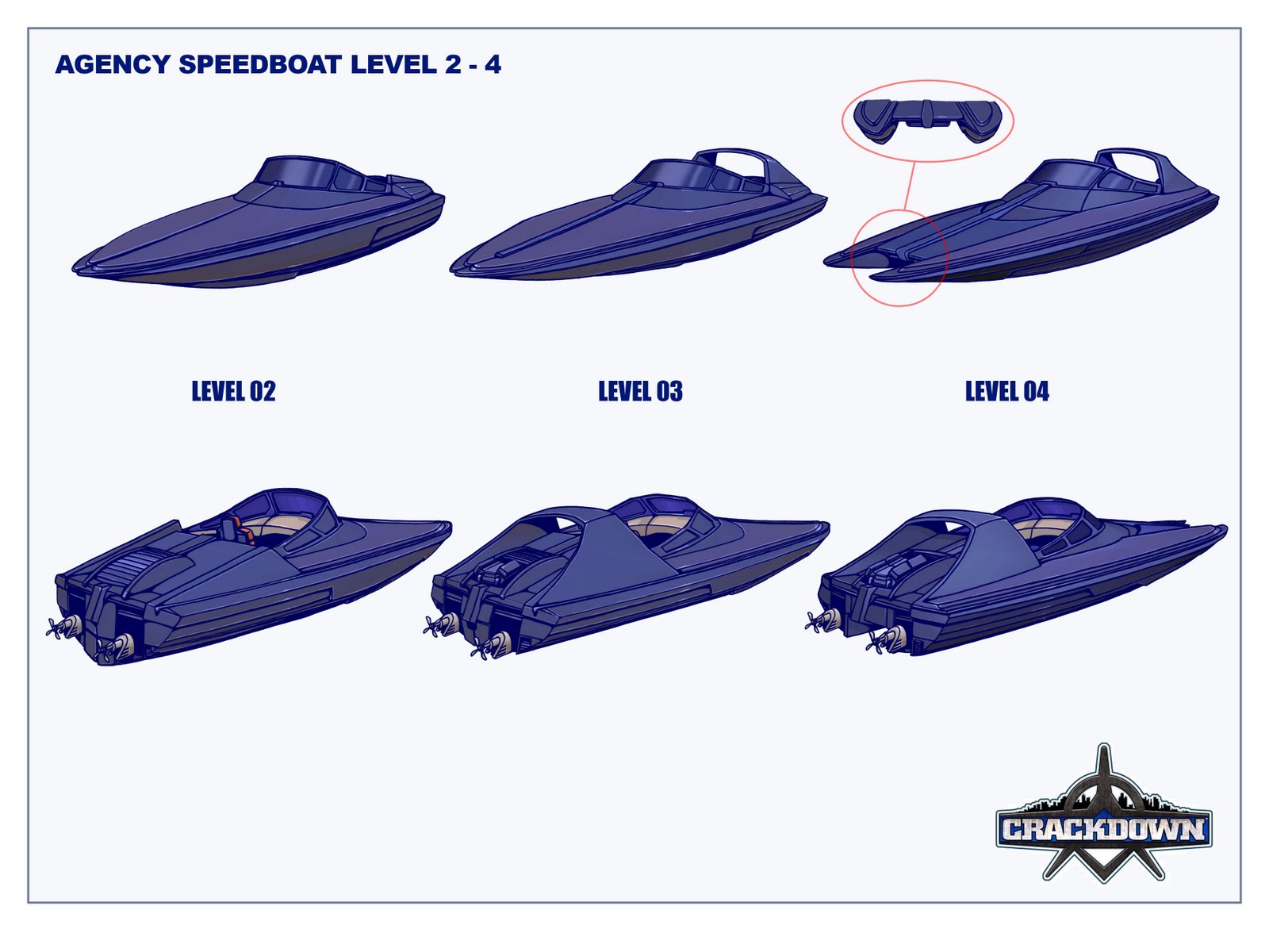 Drafts of the Agency Speedboat levelling up.