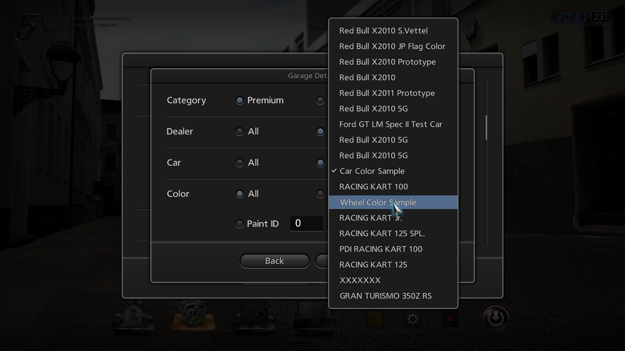 Adding vehicles to the player's Garage via the Garage Details sub-menu. The list includes both Color Sample "vehicles".
