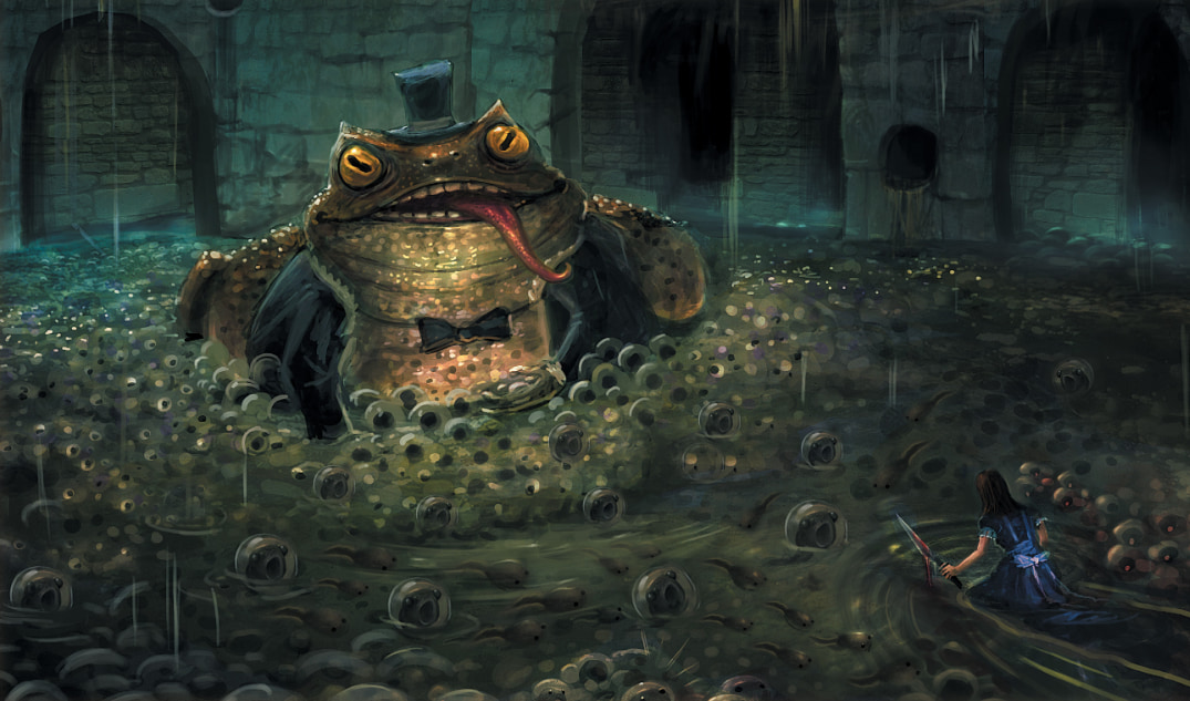 Alice confronting Mr. Toad and his spawn.