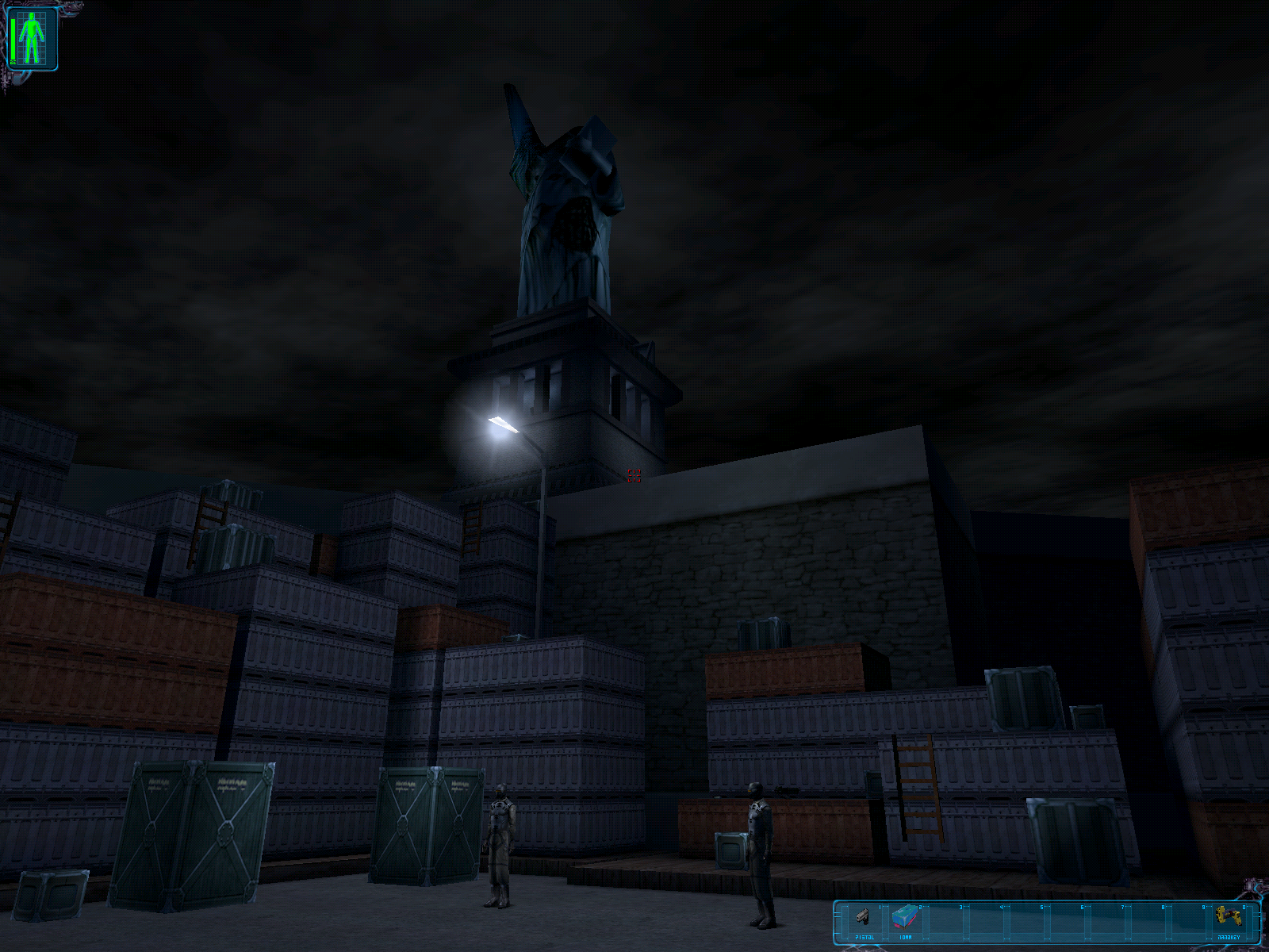 Liberty Island, alternate crate placement for the back entrance. A large fence can be seen at the top of the statue, which only appears on non-playable versions of this area.