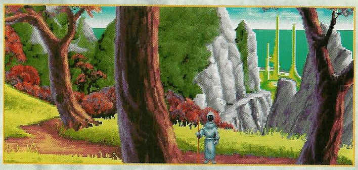 The forest, showing an unfinished sky and sea in the background