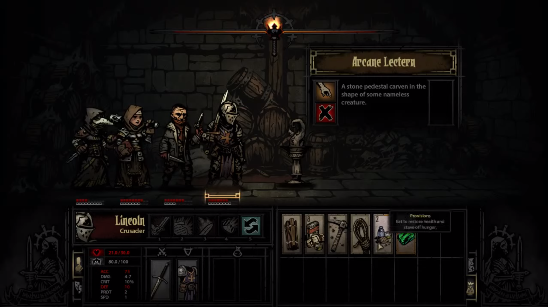 The screenshot features a placeholder sprite for the Arcane Lectern, a curio that lies unused in the game nowadays. Additionally, it shows food being called "Provisions", explaining that being its debug name.