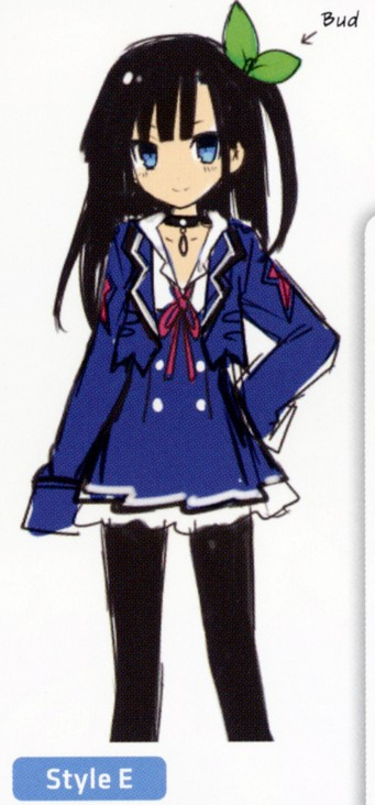 The "Style E" design is closer to her final design; however, her hair is still black, and she wears a modern school girl uniform with a shrug sweater.