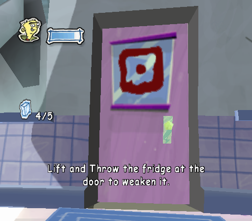Lift and Throw the fridge at the door to weaken it.