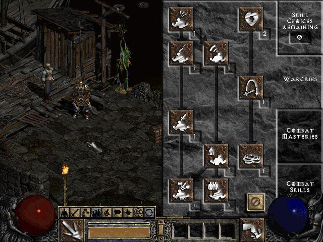 Barbarian with War Cries tree open. Note the different icon for Grim Ward (if it even was that, back then) and different looking Close button. The party button and mysterious button are greyed out, which indicates that the mysterious button might not work in Multiplayer.