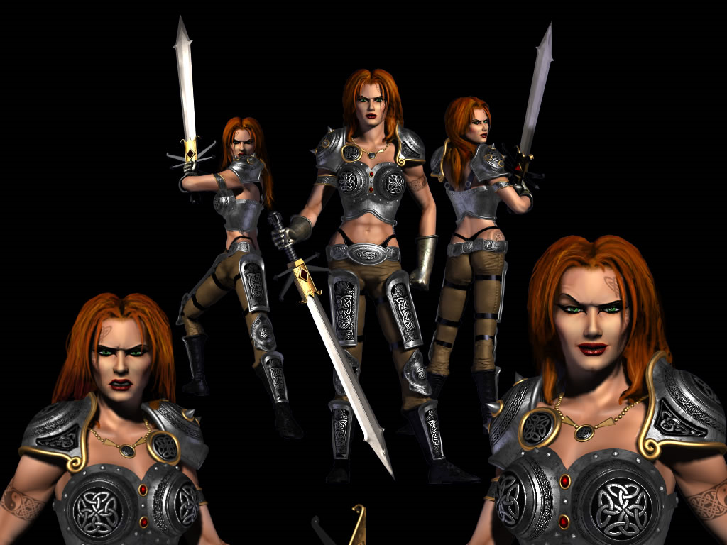 Unused Heroine that resembles Ravenwood from Jennifer Bullard's lost manuscript ("She was tall, over six feet with long red-brown hair and green eyes. She was powerfully built, obviously well trained in sword play and personal combat. Her clothes were plain browns and greens, nothing out of the ordinary, but the weapon that hung off her waist was a sight indeed."), although this render was assigned by Adam McCarthy as a character from Legends of Might and Magic.