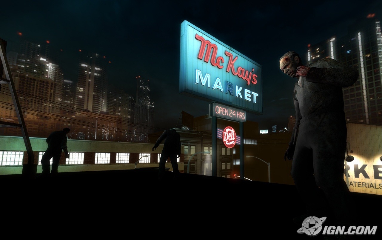 Infected on a rooftop. Note the neon "McKay's Market" sign.