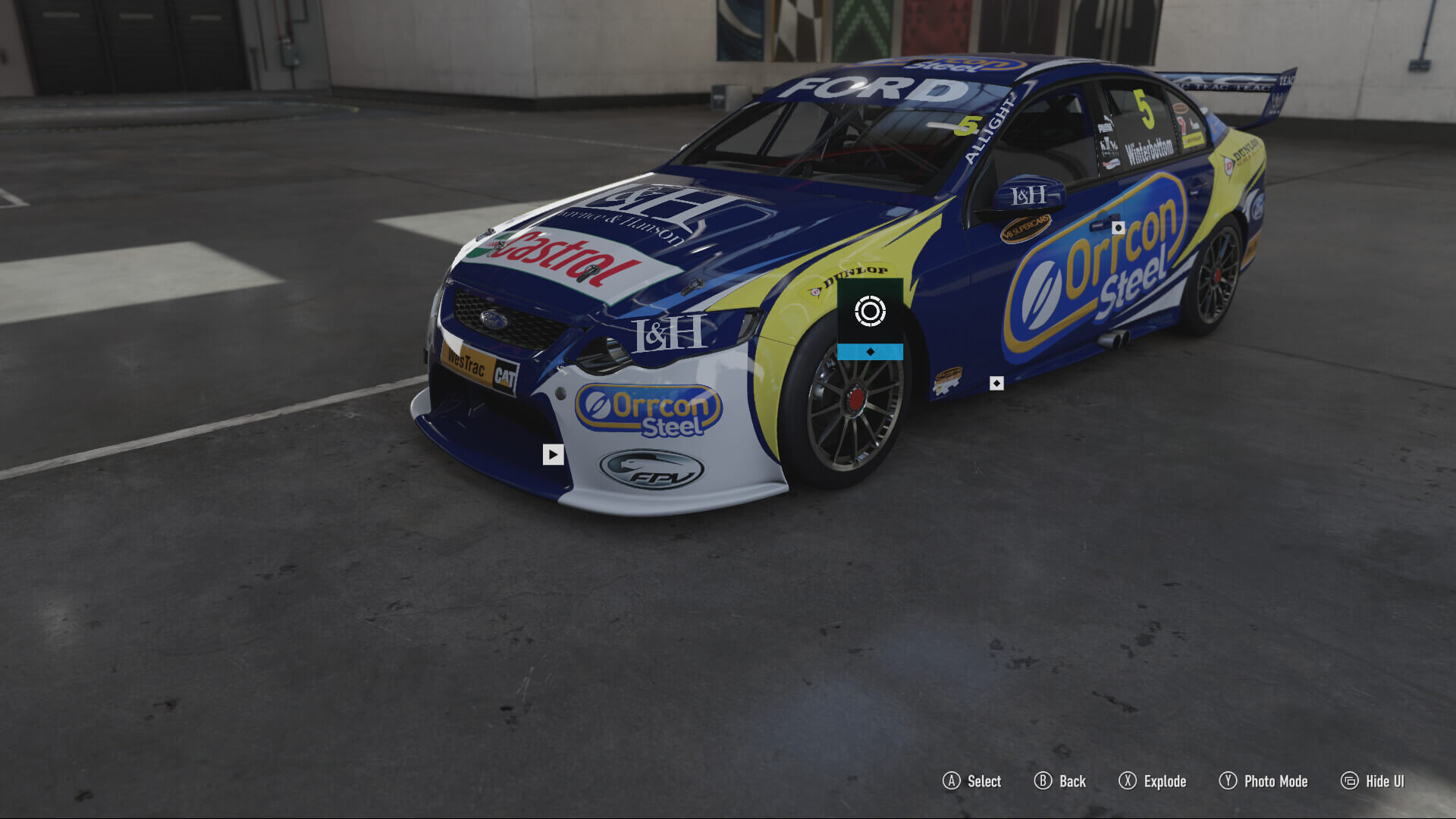 2011 #5 Ford Performance Racing FG Falcon. Last seen in FM5. These cars, with all the sponsor decals. Difficulty here, was, there's the main paint job, then there are the overlay decals, which had to be lined up, so that when damage occurred, the decals bent with the body, at all LOD levels. That, and alpha sorting