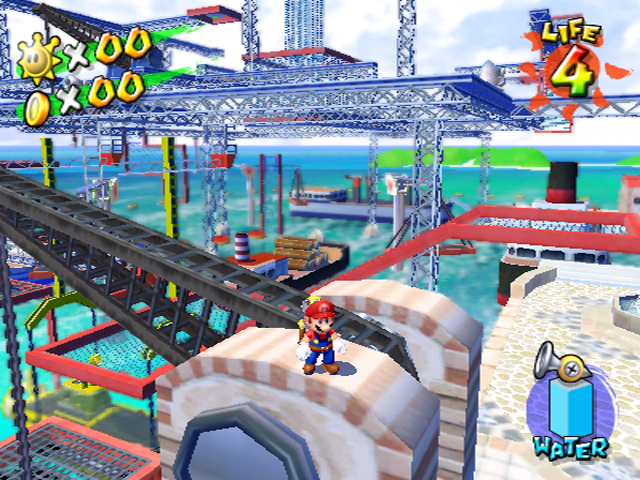 The unused Log Ship can be seen in the water, as well as one unused Crane. The small buoys are orange/red instead of orange/green.