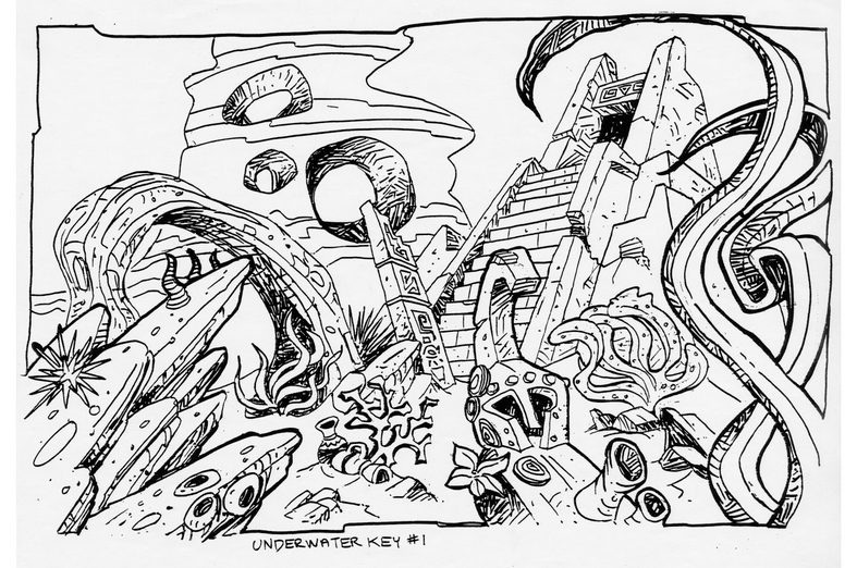 Concept art of an unused underwater level (This idea was later used in Warped) Concept art of an unused underwater level (This idea was later used in Warped)
