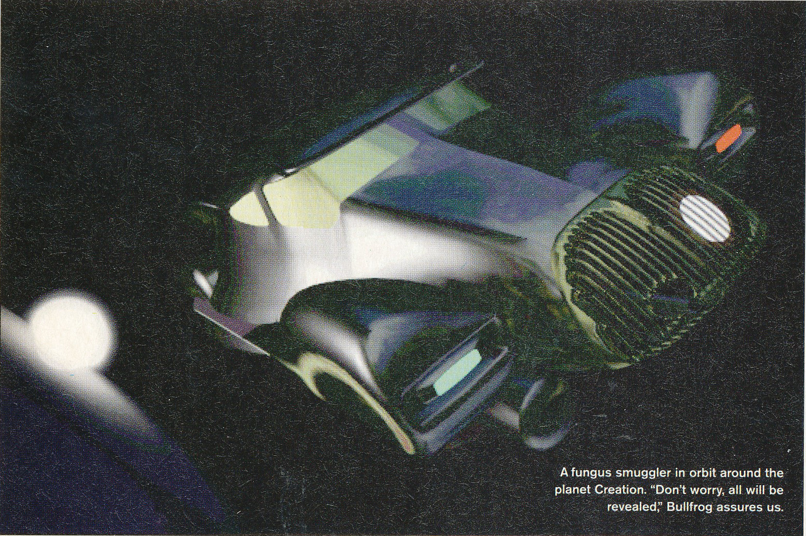 A strange 1930s gangster car in space. The caption says this is a "smuggler"; it's not clear if they are Syndicate-related or not