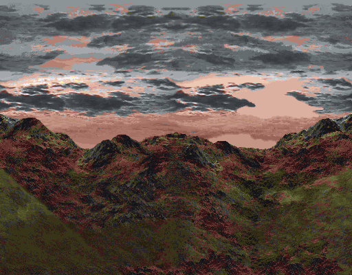 A (likely photosourced) image of a mountainous area and an orange sky. This is used for most of Episode 2 and some of Episode 1 in this prototype but is rendered incorrectly. A version of this texture is also found in Rise of the Triad's July 1994 prototype.