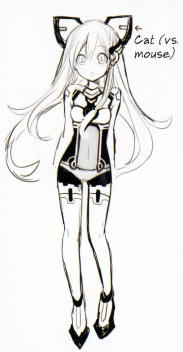 This version depicted her with, as written in the sketch, robotic cat-like eared headgears. This version depicted her with, as written in the sketch, robotic cat-like eared headgears.