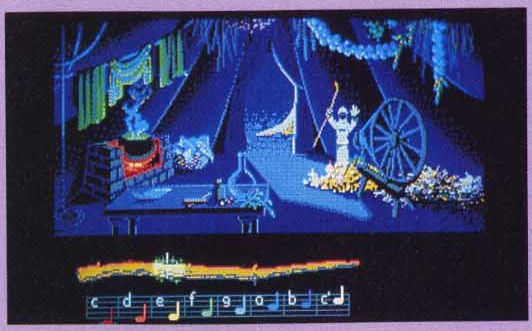 Early version of Hetchel's tent, including the Straw into Gold spinning wheel. A sheet of paper is on the table instead of the Book of Patterns, and the wrinkles on Bobbin's robe are still missing. The upright flask on the table is empty. Finally, something (a cliff or another tent) is visible outside the tent opening.