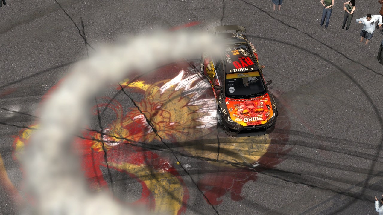 Smoke from the rear wheels appearing on top of Ryo's car.