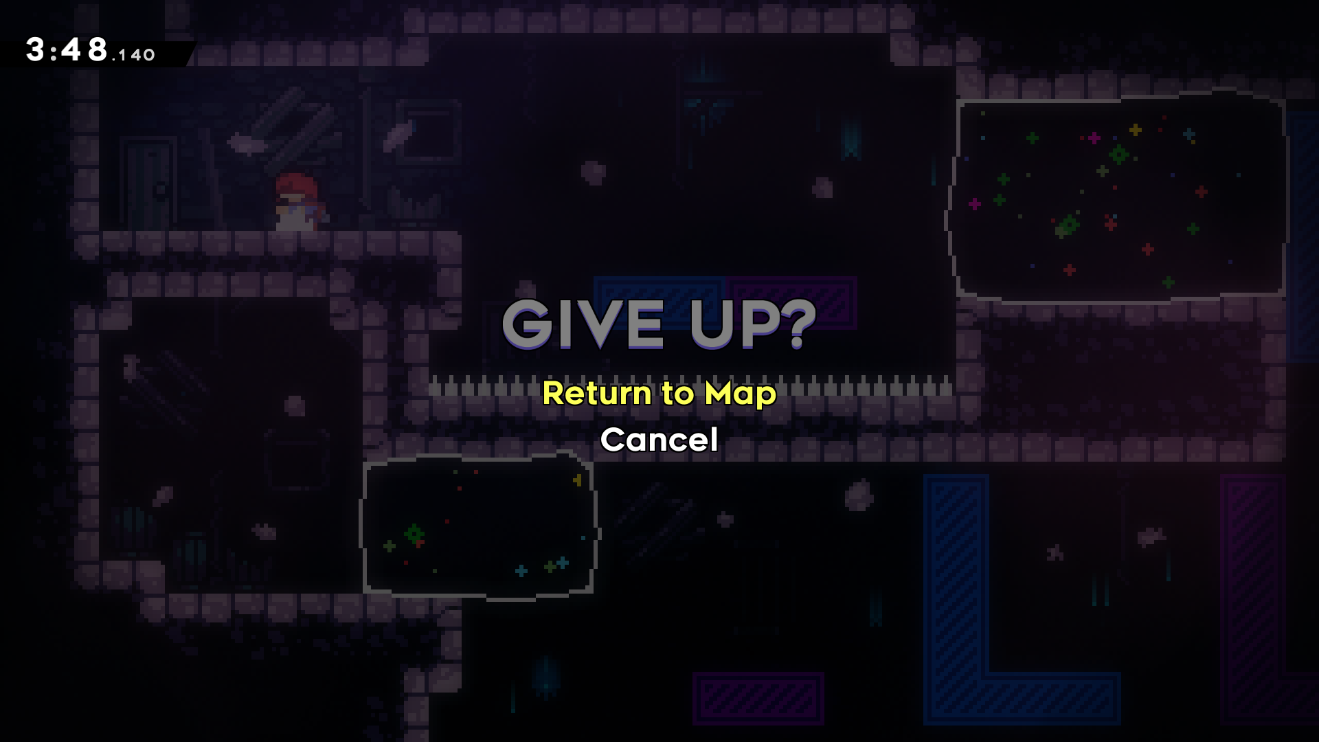 The dialog asking the player if they want to "give up", implying they'd lose all their progress in the chapter. The dialog asking the player if they want to "give up", implying they'd lose all their progress in the chapter.