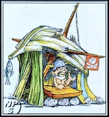 A pirate selling goods in a makeshift shop. A pirate selling goods in a makeshift shop.