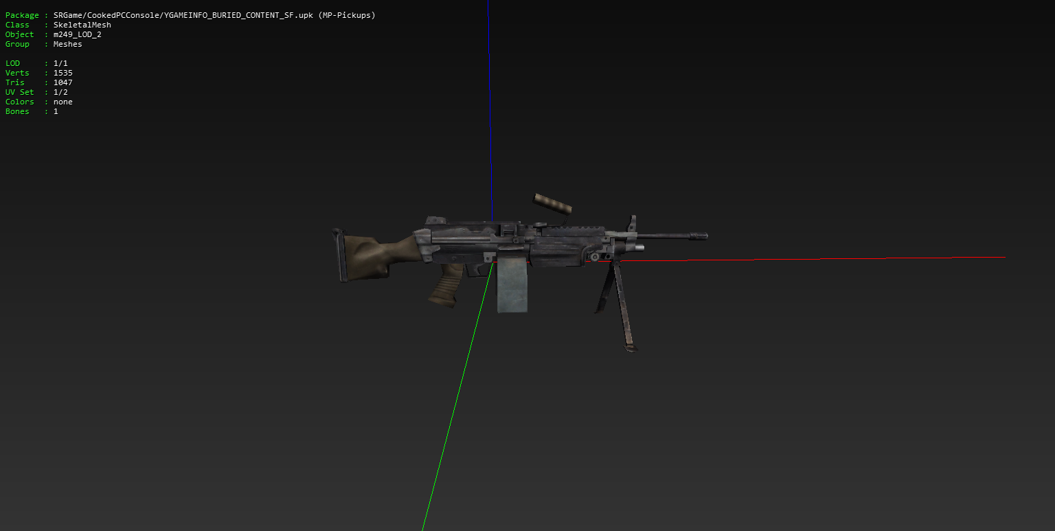 The M249's early LOD model without its wraps. The M249's early LOD model without its wraps.