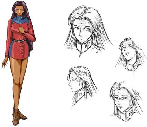 Kathryn Akkaraju, drawn by a Japanese artist at Monolith. Note that she's dark-skinned and has a bindi