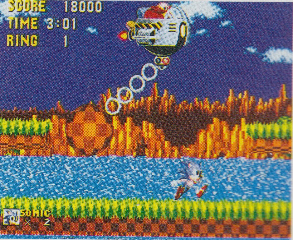 Dr. Robotnik's first appearance. We can see that there is no waterfall in the background due to the different chunk order.