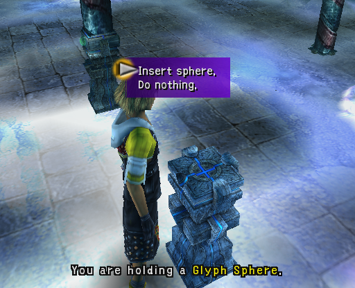 Tidus holding the invisible Glyph Sphere. Tidus holding the invisible Glyph Sphere.