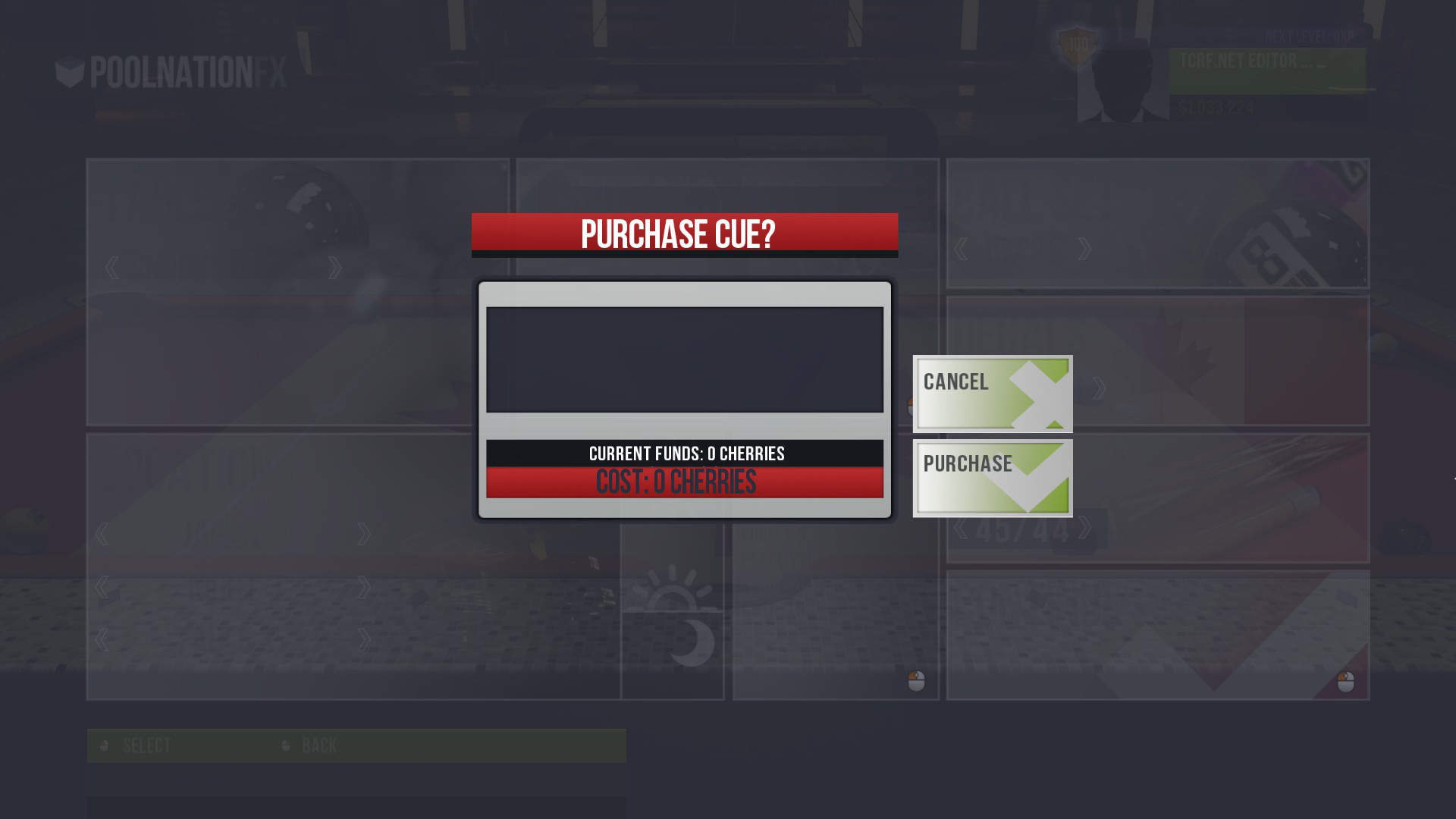 Menu for purchasing the cue for "Cherries".
