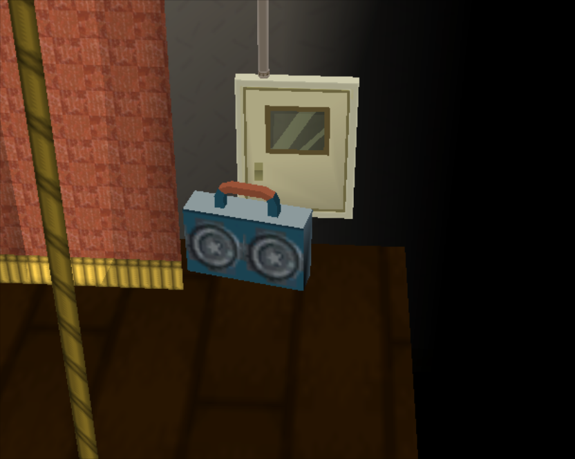 On the left side of the stage is a boombox with the same texture used on the speakers seen near the audience.
