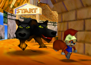 Conker races against the Cerberus in the Stadium Level.