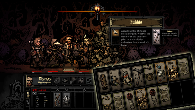 A Kickstarter image, displaying the old obstacle interface, the pickaxe used before the introduction of the shovel, and some additional loot and inventory items.