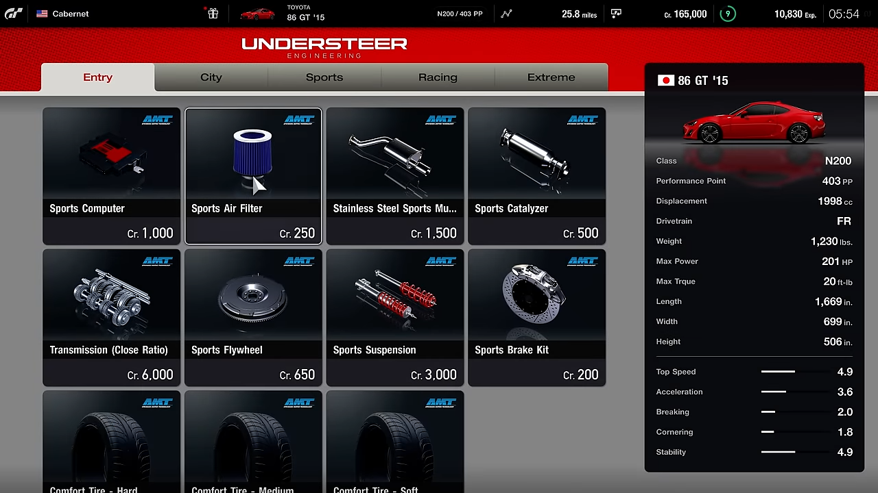 The tuning shop. In the final game, only the brakes are branded (by Brembo), and some parts were moved across categories. Also note the N-class system and the GT Sport-style performance rating meters. There is also an error where measurements are in meters but shown with inches as the listed unit. The tuning shop. In the final game, only the brakes are branded (by Brembo), and some parts were moved across categories. Also note the N-class system and the GT Sport-style performance rating meters. There is also an error where measurements are in meters but shown with inches as the listed unit.