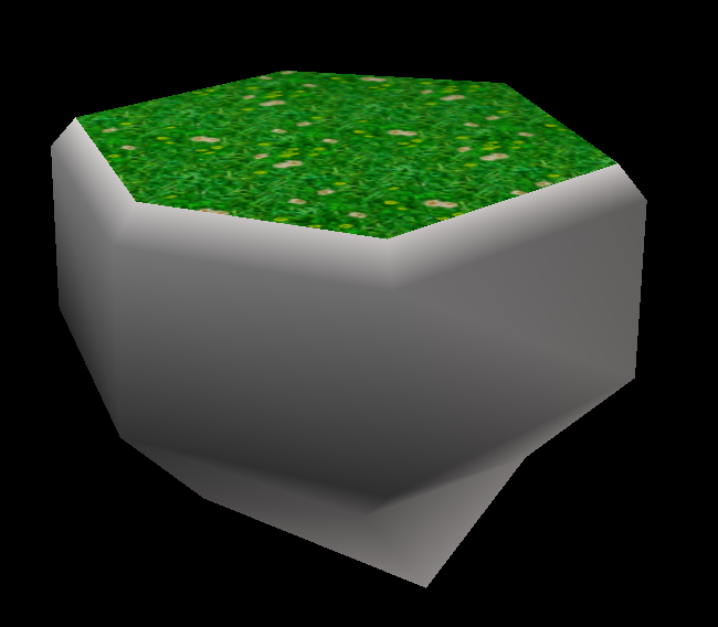 A floating platform with a grassy top with flowers on it, made of white rock.