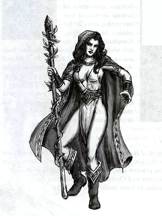 Sketch of Druidess by April Lee, also can be found in MM6's manual. "The Druidess. Here is a sketch I did of the Druidess. All the animators were allowed to design and model the characters they worked on. This sketch, along with others, was also used for marketing and promotion."