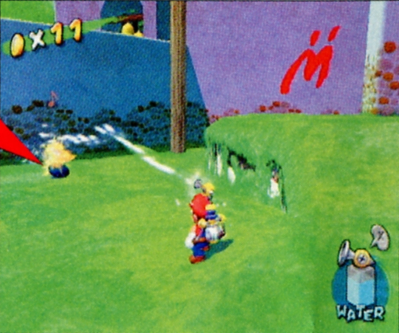 Page 22 of the North American manual shows Mario spraying a Seedy Pod with water. Seedy Pods don't appear this close to the white wall in the final, and Seedy Pods don't move and cannot be relocated by any means.
