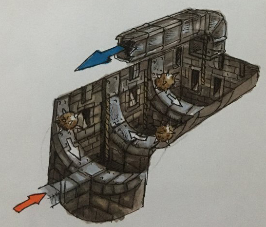 The first chamber of "Clang's Factory", the original area meant to be found behind the safe. Conker would need to cross the area as Clangs rolled back and forth like pendulums and climb the rope to the ventilation shaft to progress. The first chamber of "Clang's Factory", the original area meant to be found behind the safe. Conker would need to cross the area as Clangs rolled back and forth like pendulums and climb the rope to the ventilation shaft to progress.