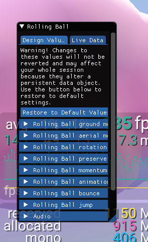 The debug menu for the Bean Ball power-up ingame. Allows the user to change most of the Bean Ball's behavior. There are two tabs: Design Values and Live Data. the settings save until the game is closed.