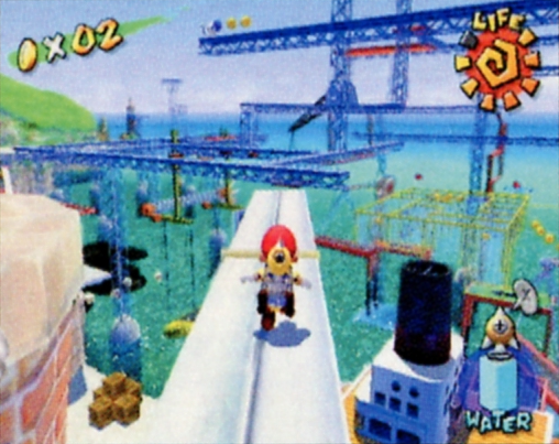 Page 16 of the North American manual shows Mario in Ricco Harbor with the Rocket Nozzle. The presence of Jumping Bloopers and the grating maze suggests that this is Episode 1 of Ricco Harbor, which the Rocket Nozzle does not appear in in the final.