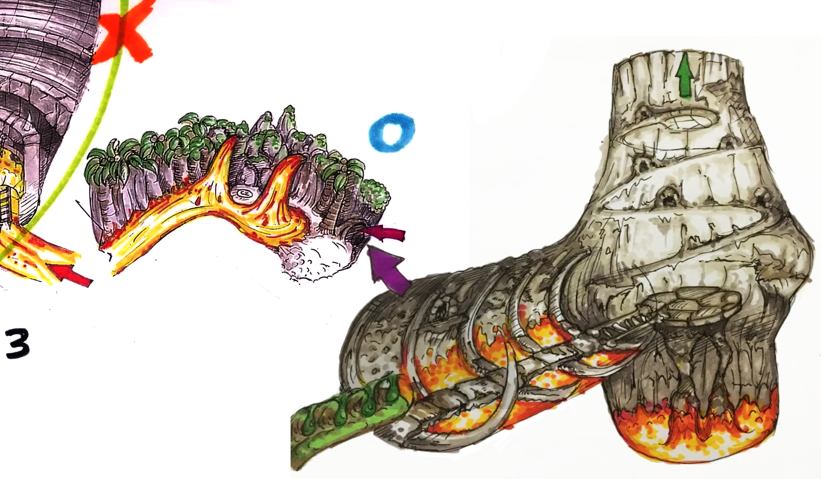 Split paths. The original spiral exit in the volcano would have Conker returning to the start instead of "Mugged" by the Surf Punks. An unused path to the arena can be found via an alcove to the left of the ribcage, which was removed in the final game. Split paths. The original spiral exit in the volcano would have Conker returning to the start instead of "Mugged" by the Surf Punks. An unused path to the arena can be found via an alcove to the left of the ribcage, which was removed in the final game.