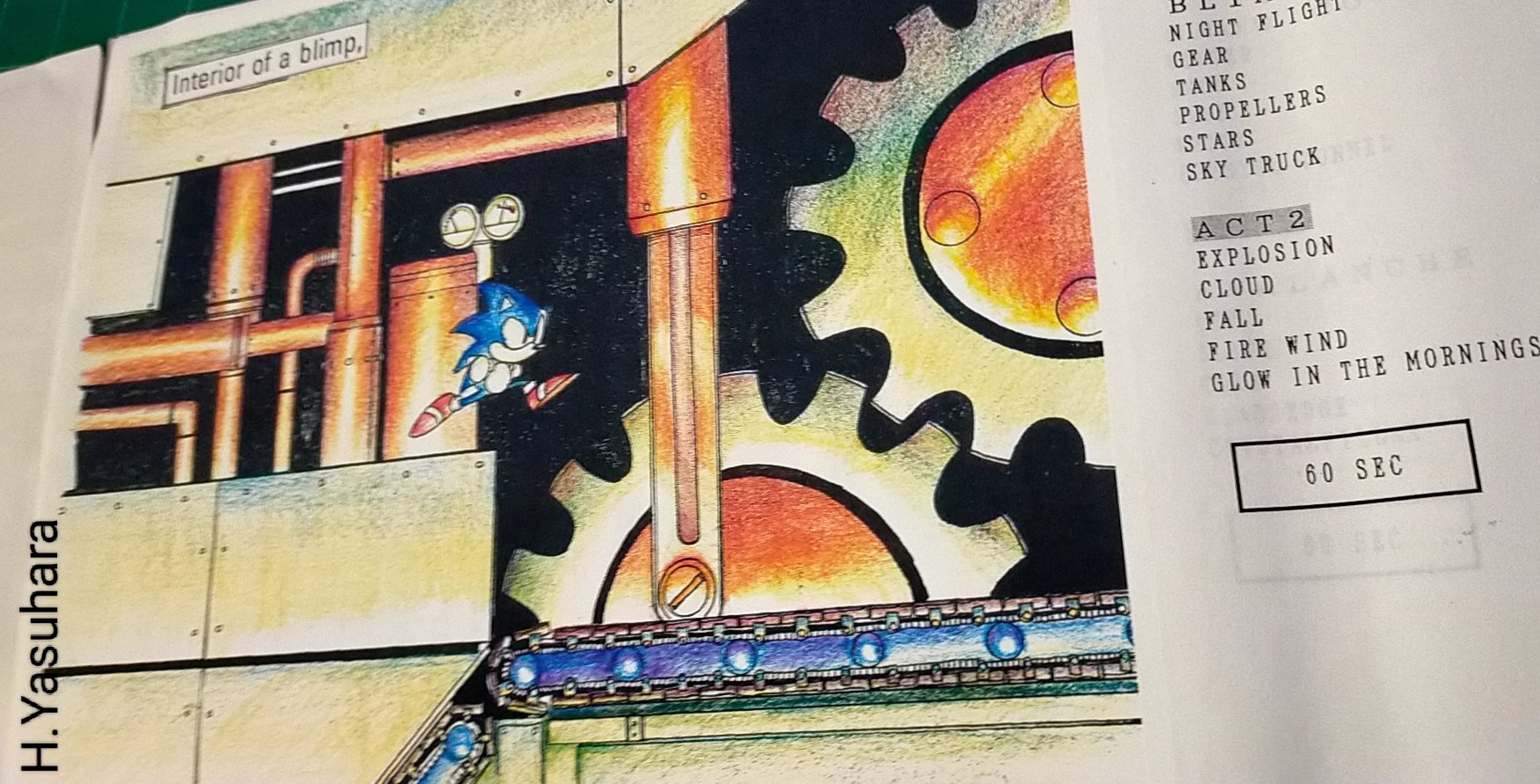 An alternate image of the previous concept art. Interestingly this image shows design notes for both acts prior to the split, as well as what time each act took place at. Act 2 is also described to have some of fire happen during that act. Text for Icecap can be barely seen under the page.
