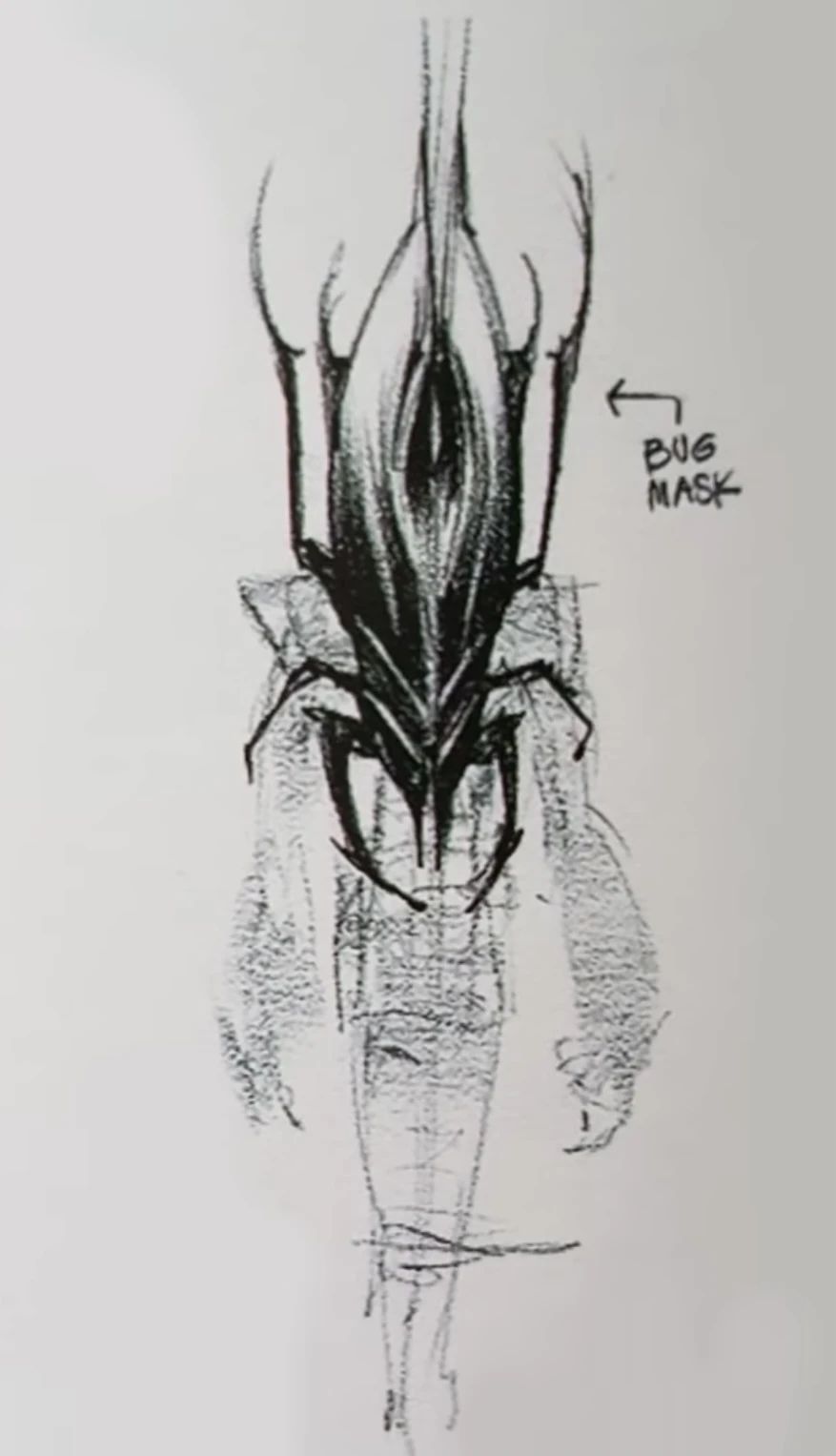 A sketch of Big Face wearing a rather menacing beetle-like mask.