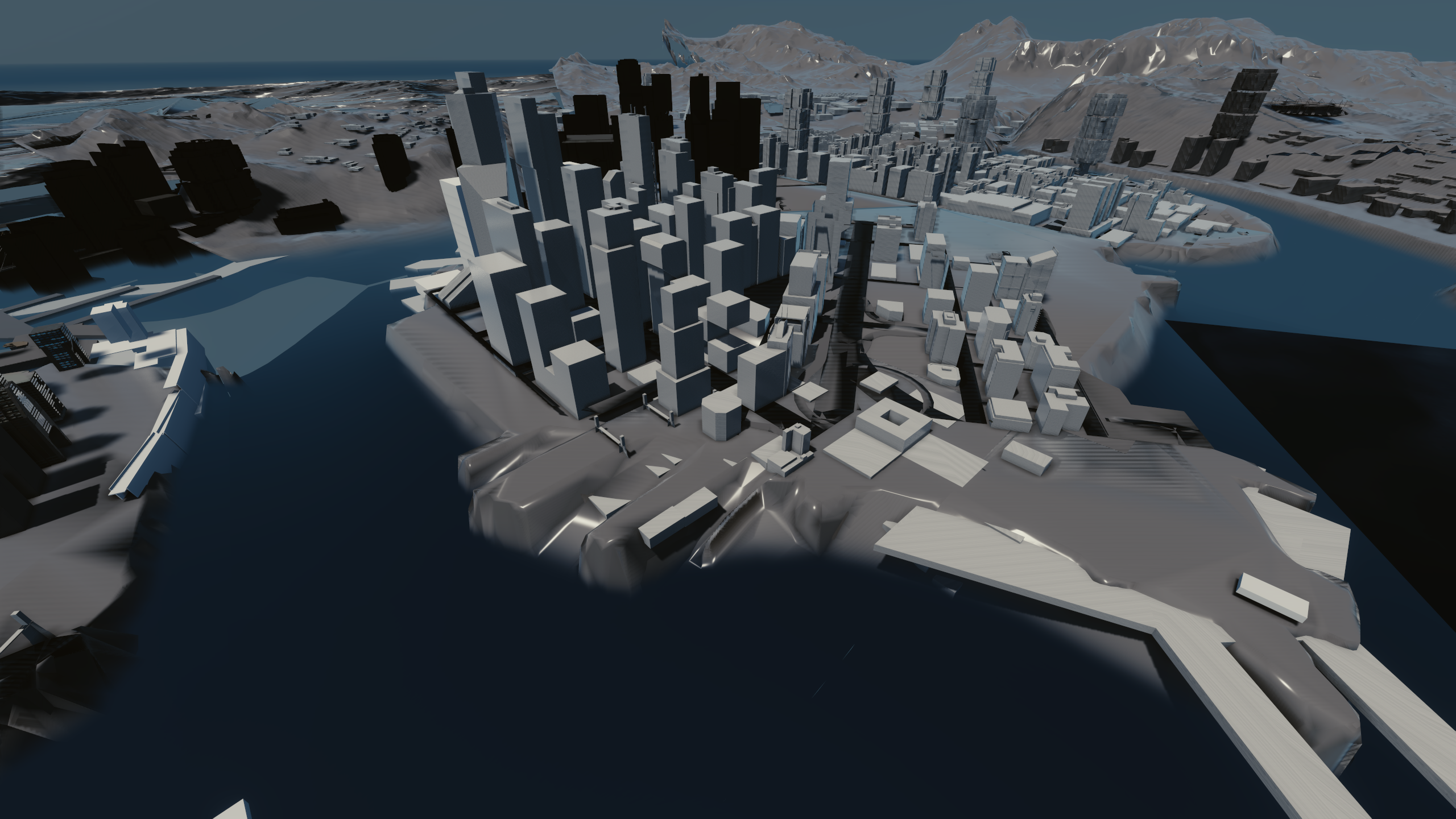 city_center district, contains the sub-districts upper_marina, downtown with university and corpo_plaza sub-districts visible in the background. city_center district, contains the sub-districts upper_marina, downtown with university and corpo_plaza sub-districts visible in the background.
